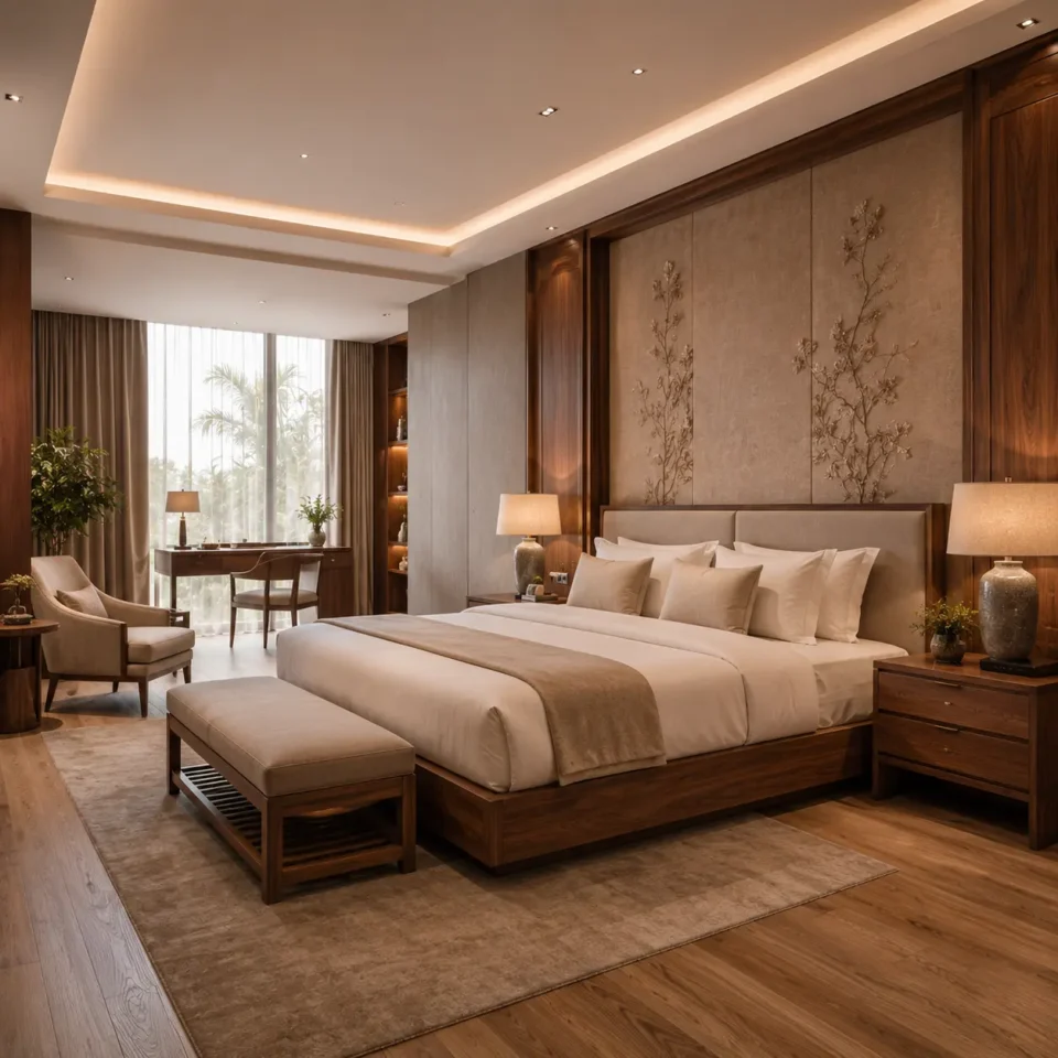 Luxury hotel bedroom furniture featuring premium wooden bed, bedside tables and elegant hospitality room by Zaioraa