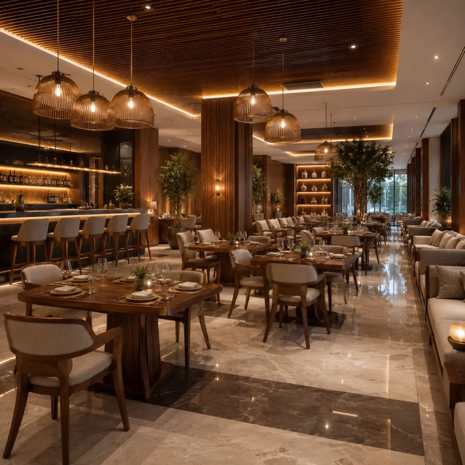Luxury hotel restaurant furniture with handcrafted dining tables, chairs and premium hospitality interior by Zaioraa