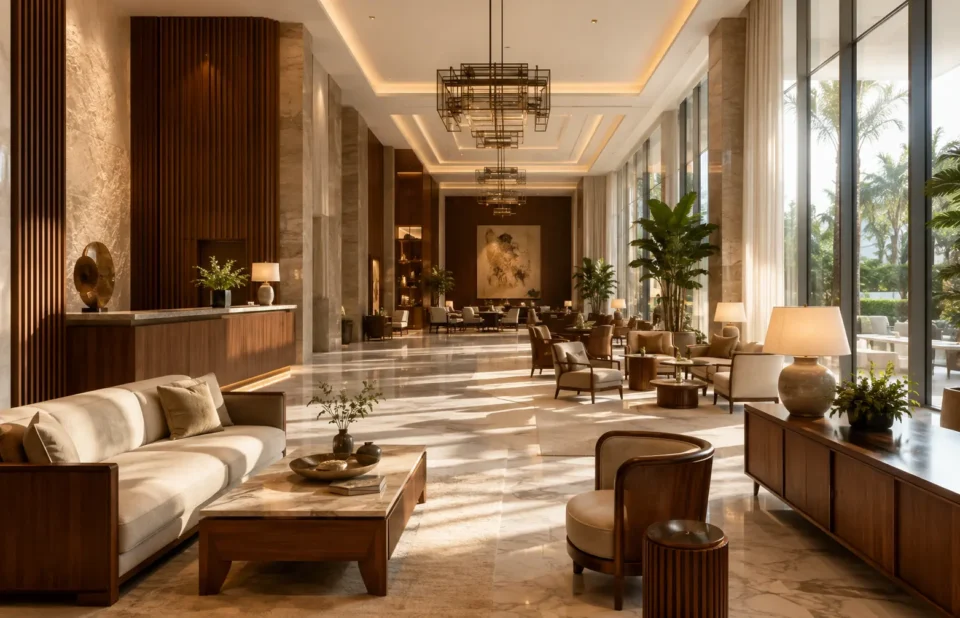 Luxury wooden hotel lobby furniture for premium hospitality spaces by Zaioraa