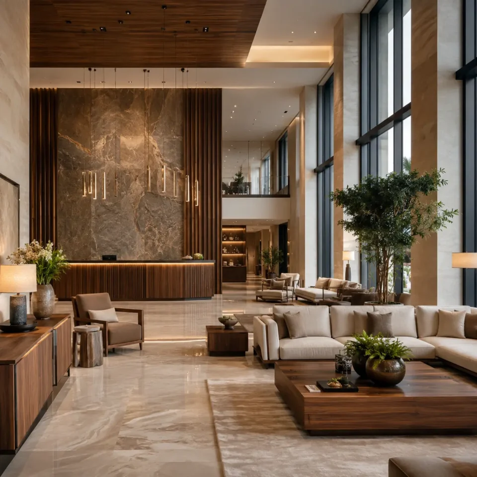 Luxury hotel lobby furniture with handcrafted wooden sofas, coffee tables and elegant hospitality interior by Zaioraa
