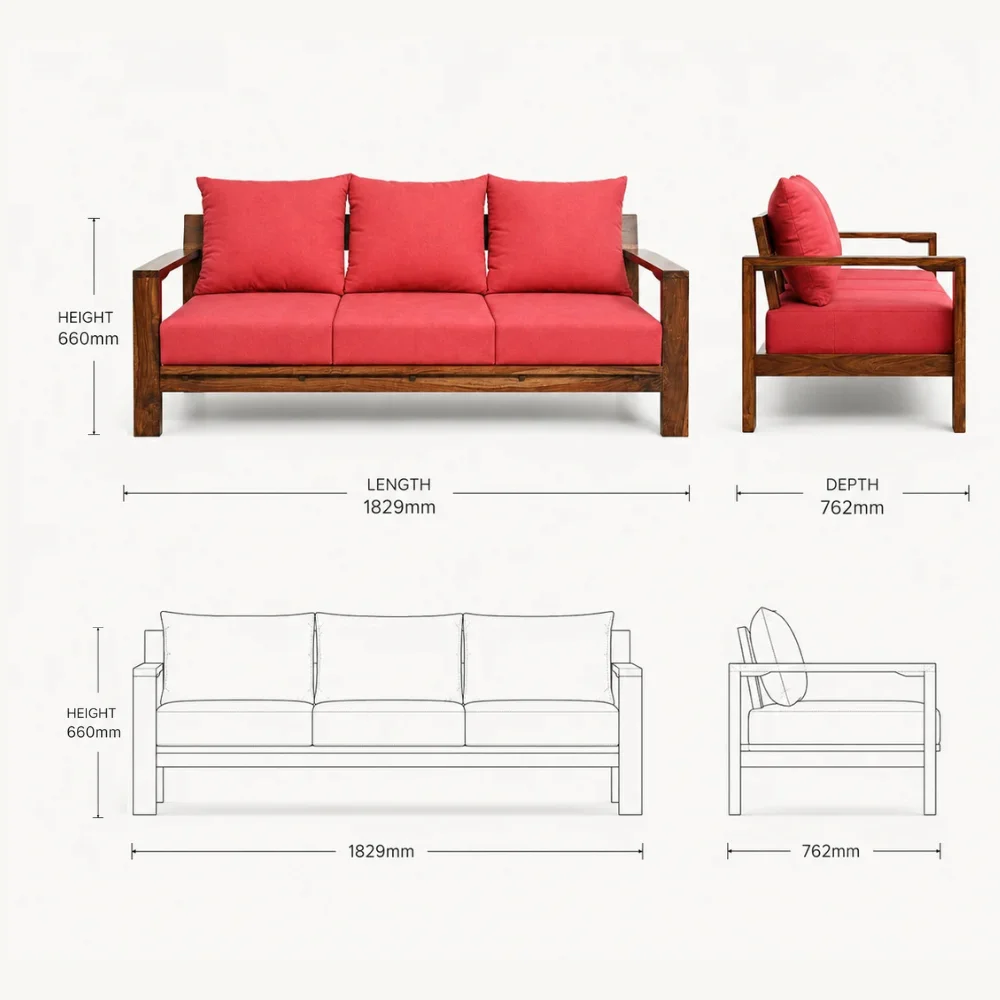 Zaioraa nova three seater red wooden sofa