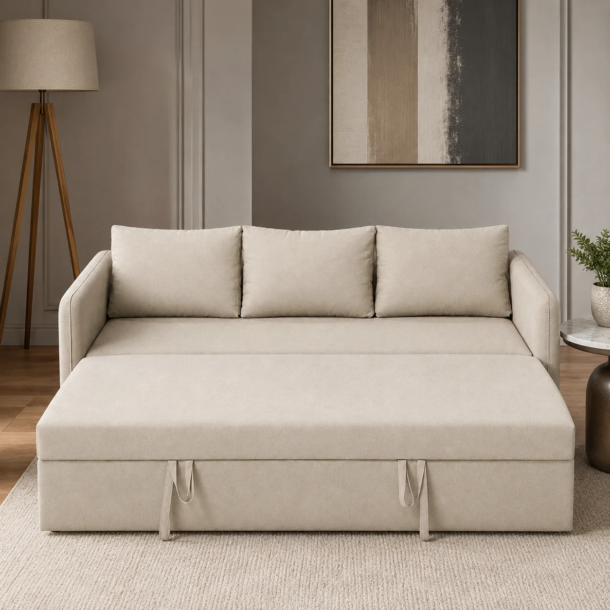 Zaioraa nova three seater beige fabric sofa cum bed