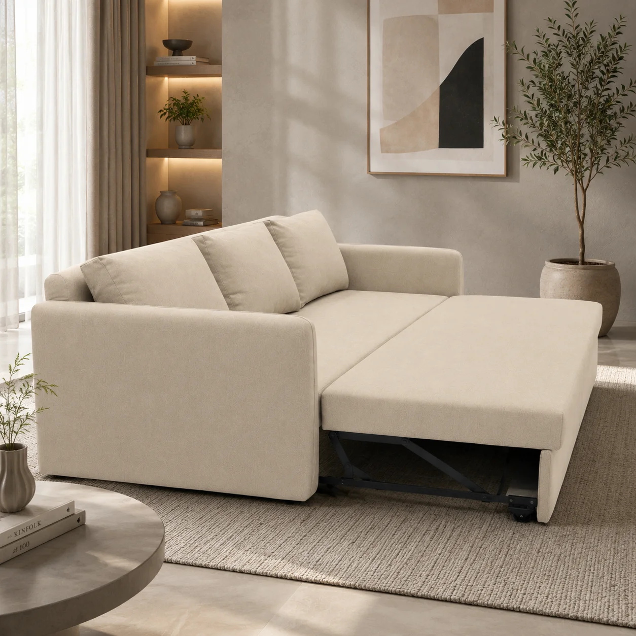 Zaioraa nova three seater beige fabric sofa cum bed