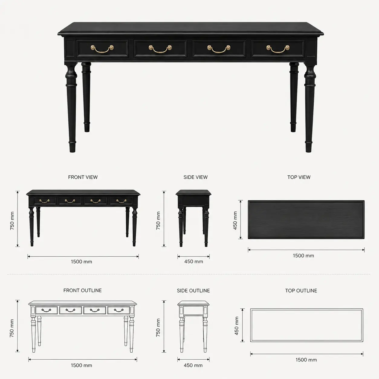 Zaioraa orion rectangular black acacia wood study table