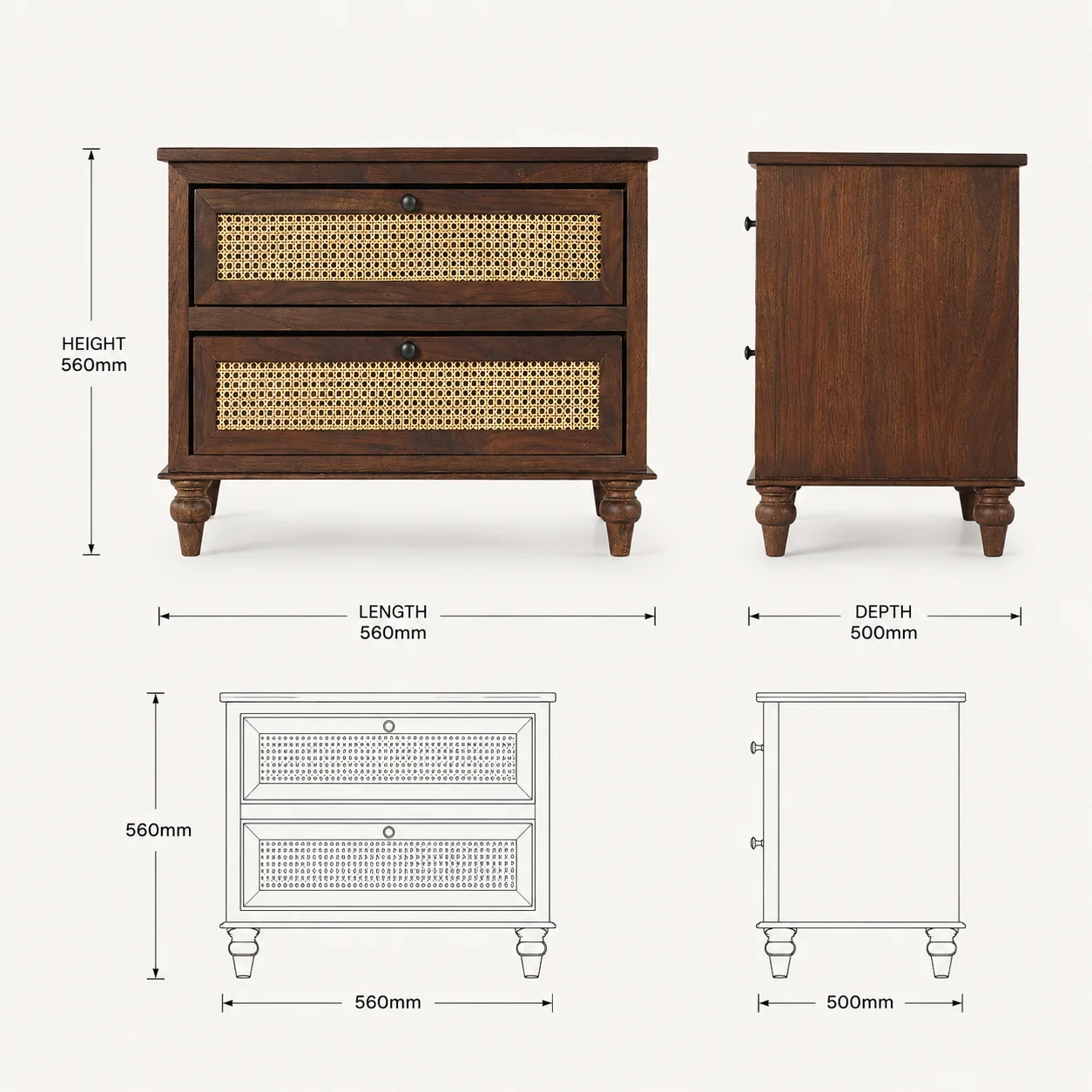 Zaioraa carmel golden brown cane teak wood nightstand