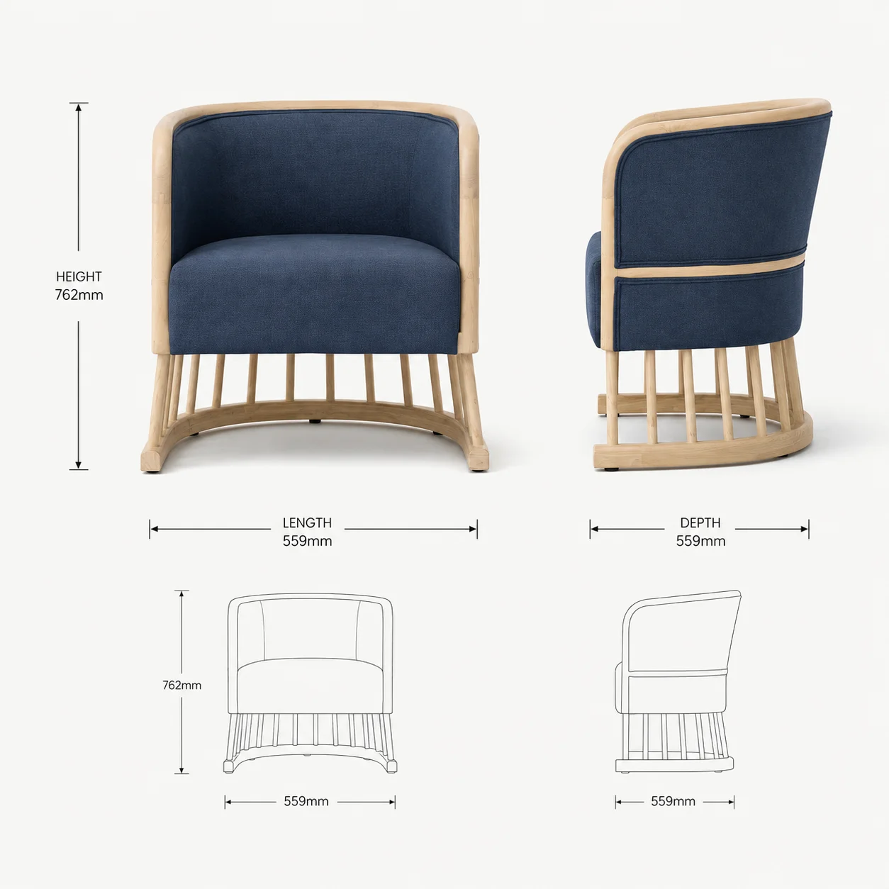 Zaioraa nova navy blue ash wood arm chair