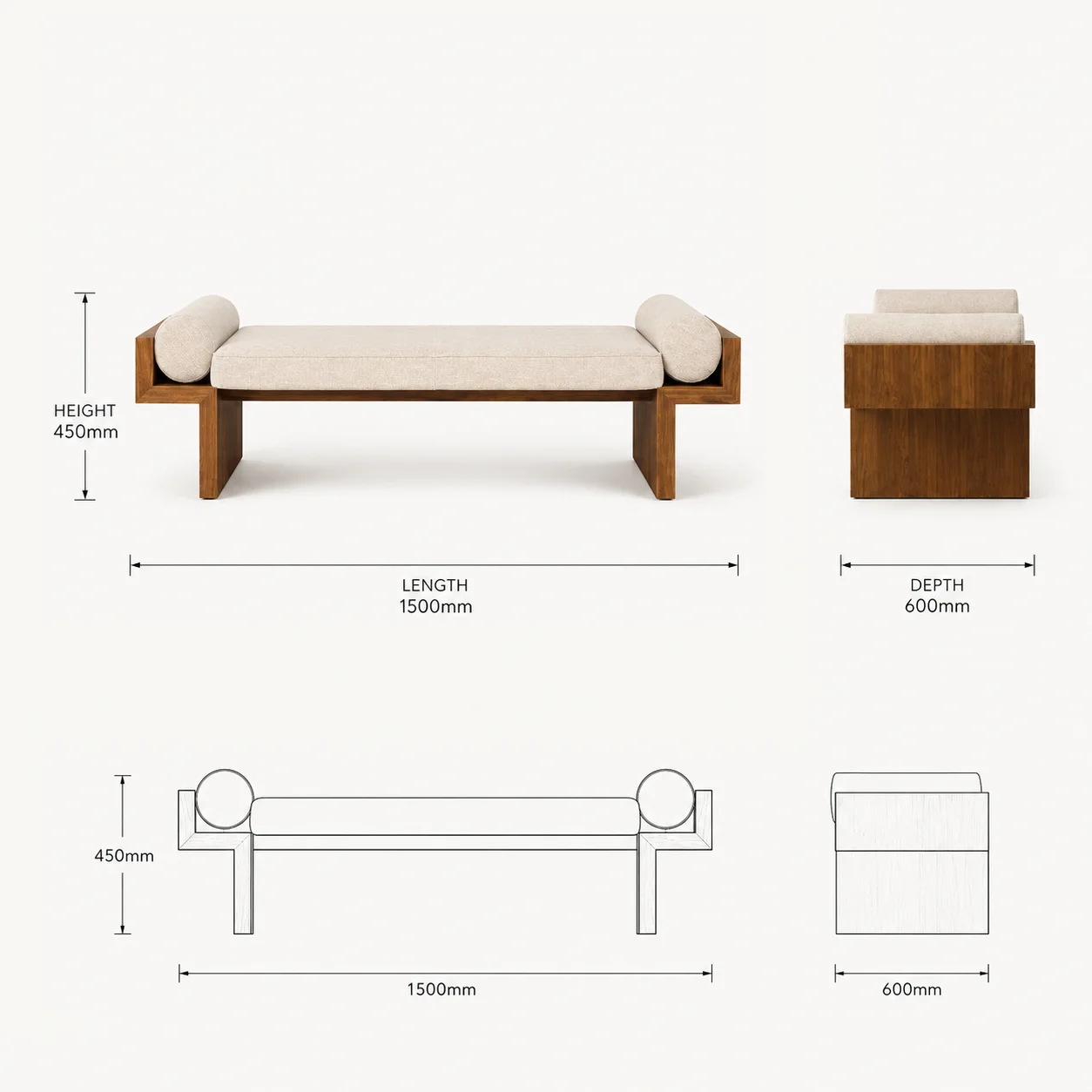 Zaioraa milano brown teak wood day bed