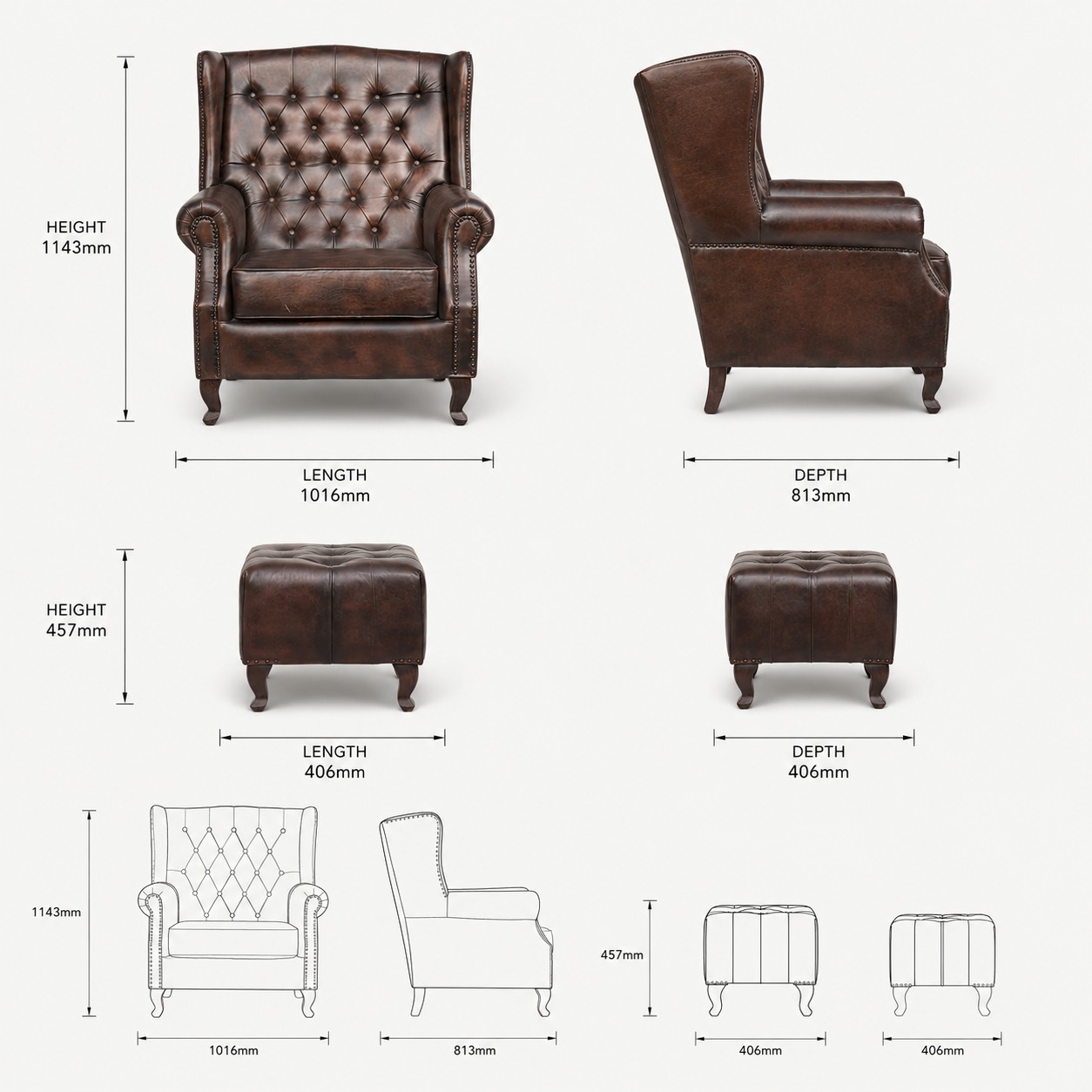 Zaioraa carmel single seater dark brown leather chesterfield wing chair and leather ottoman