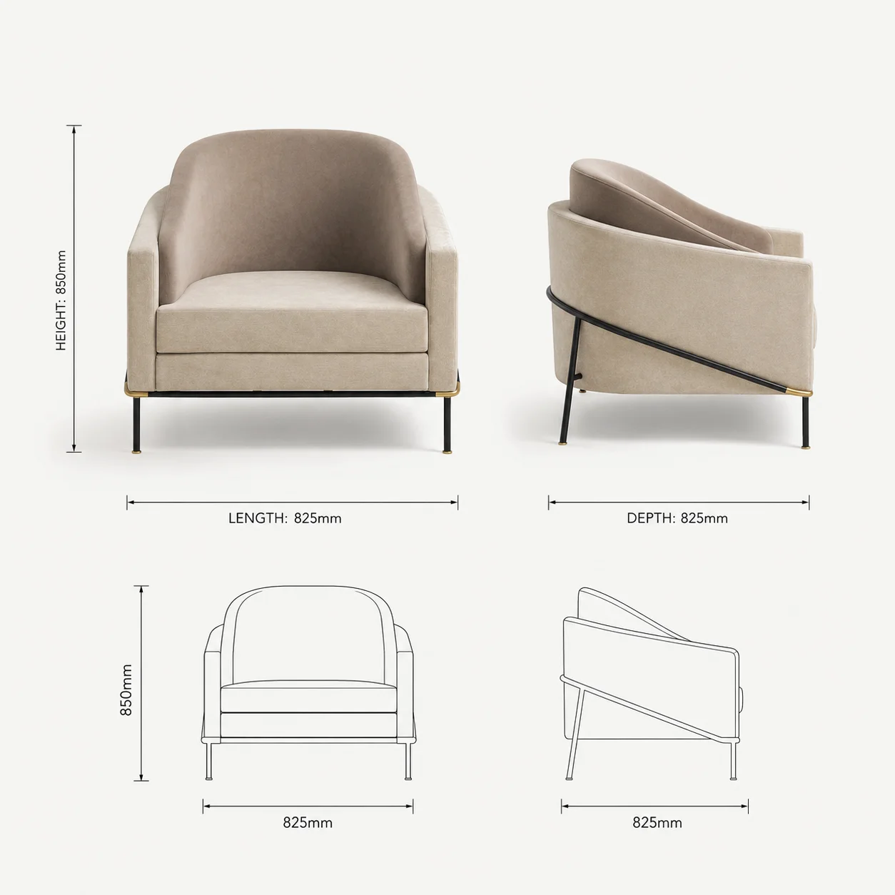 Zaioraa milano beige fabric metal accent chair