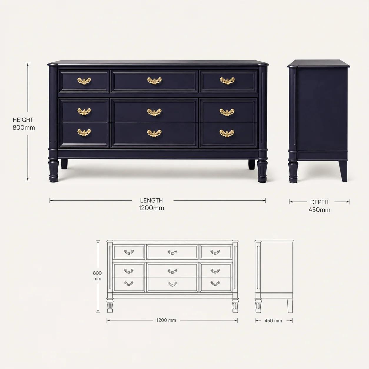 Zaioraa nova navy blue teak wood chest of drawers