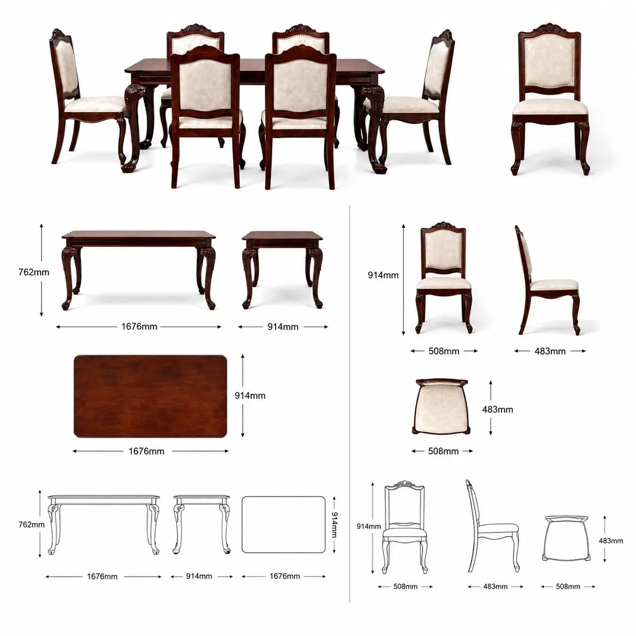 Zaioraa nova rectangular Reddish-Brown six seater dining set