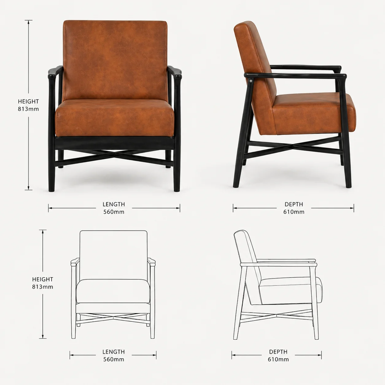 Zaioraa carmel tan brown leather acacia wood arm chair