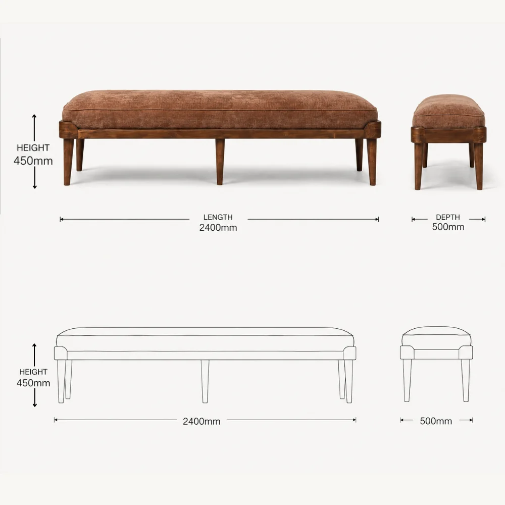 Zaioraa carmel walnut brown fabric teak wood bench