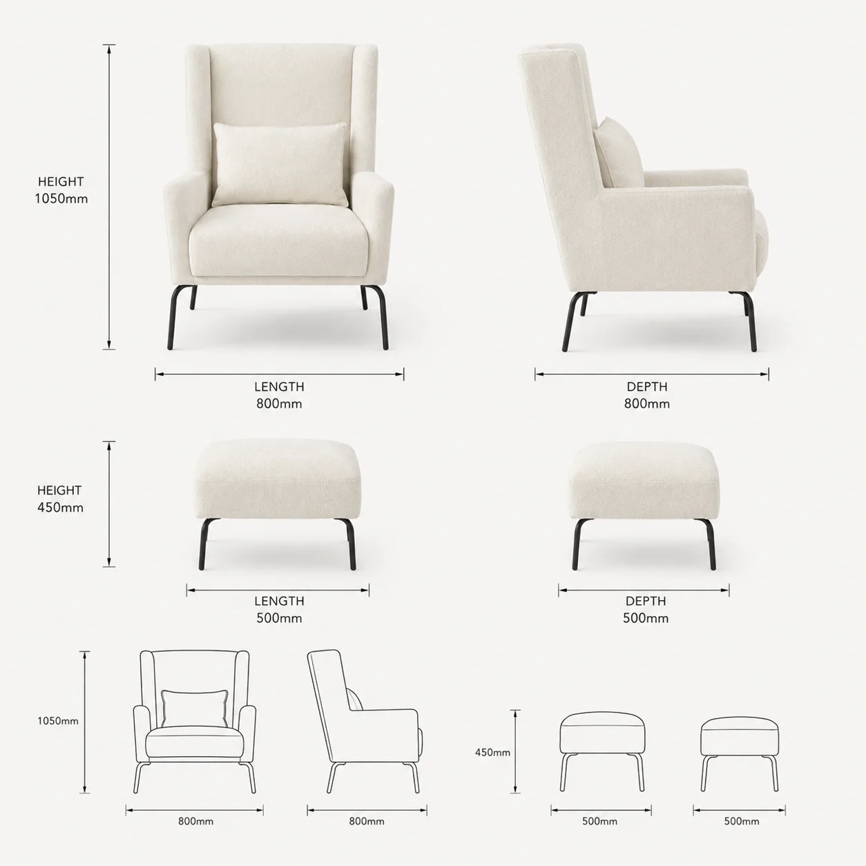 Zaioraa milano white fabric teak wood wing chair