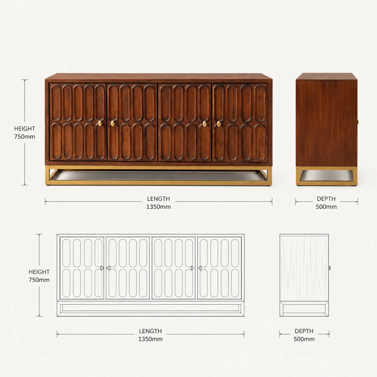 Zaioraa carmel brown teak wooden sideboard