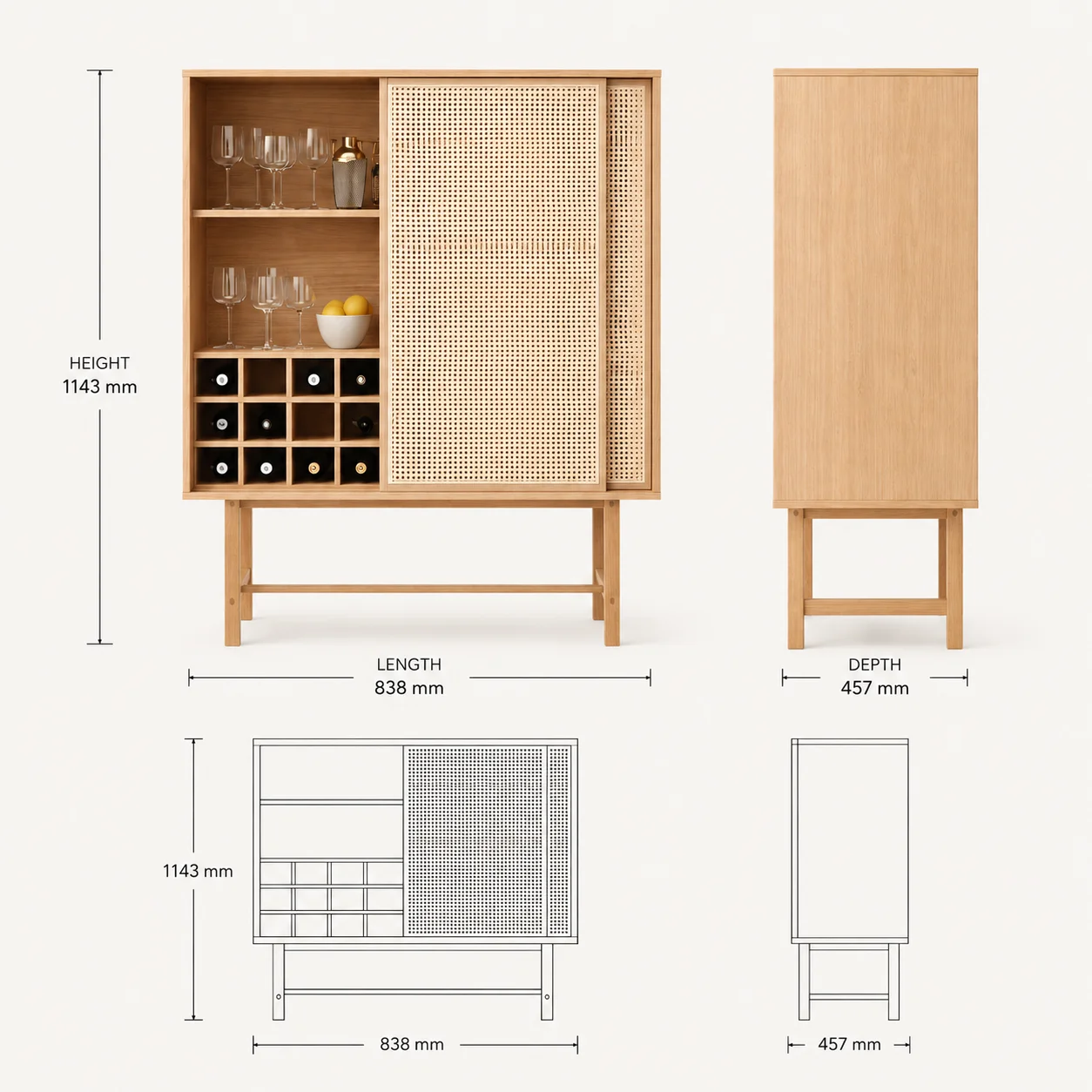 Zaioraa zebrano natural mango wood cane bar cabinet