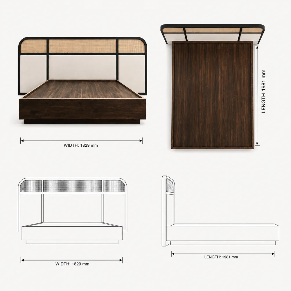Zaioraa carmel dark walnut brown teak wooden cane bed