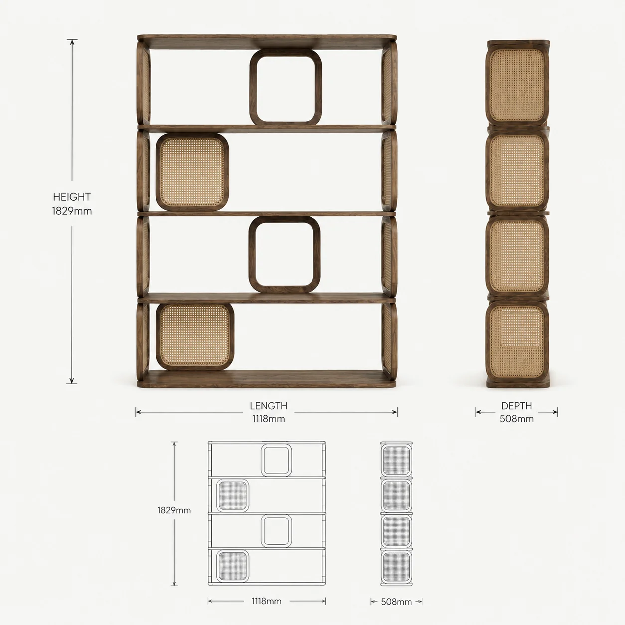 Zaioraa milano walnut brown sheesham wood cane bookcase