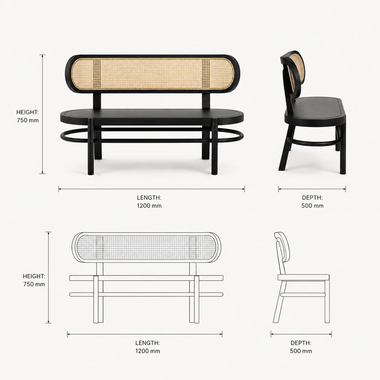 Zaioraa orion black cane teak wooden bench