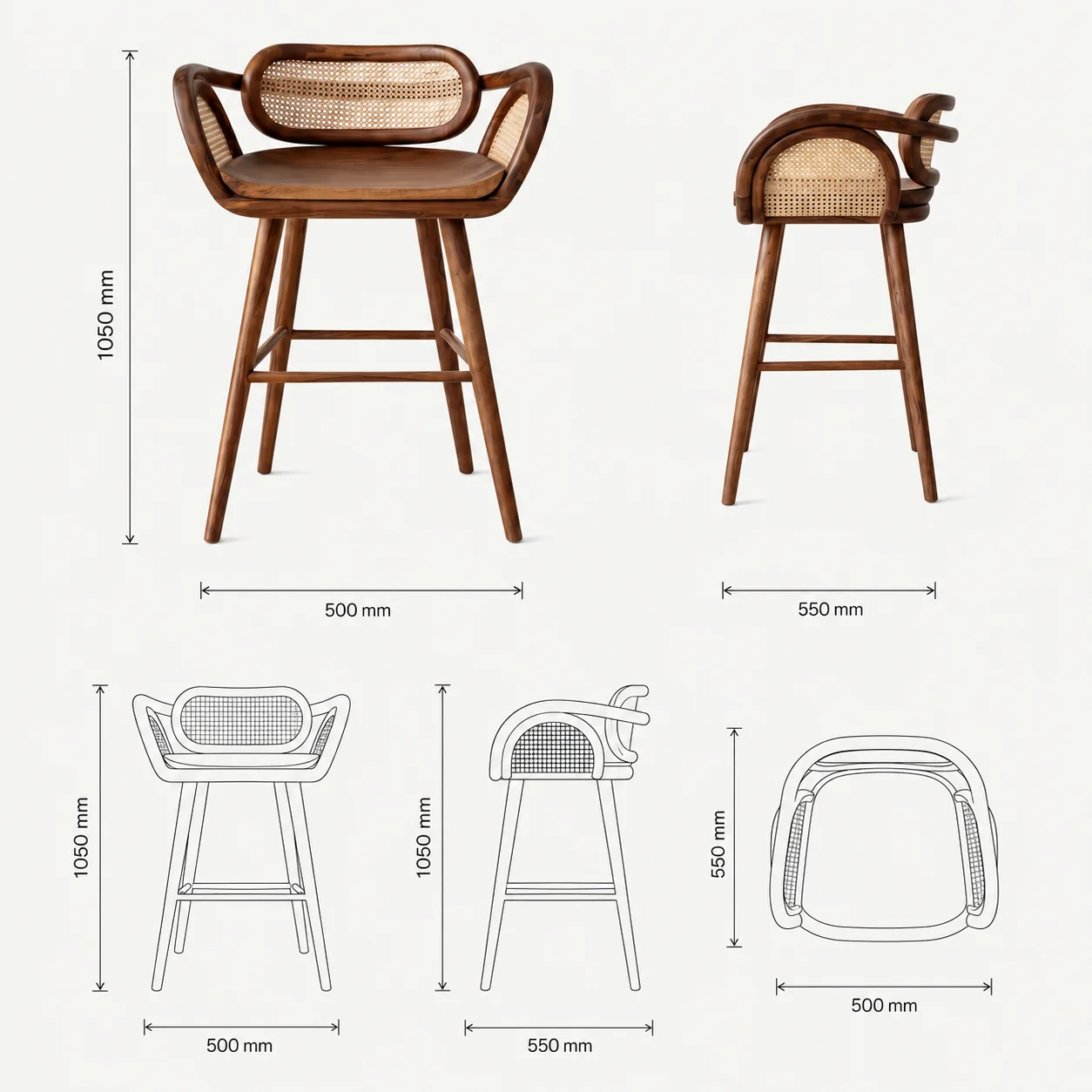Zaioraa carmel walnut brown sheesham wood cane bar stool