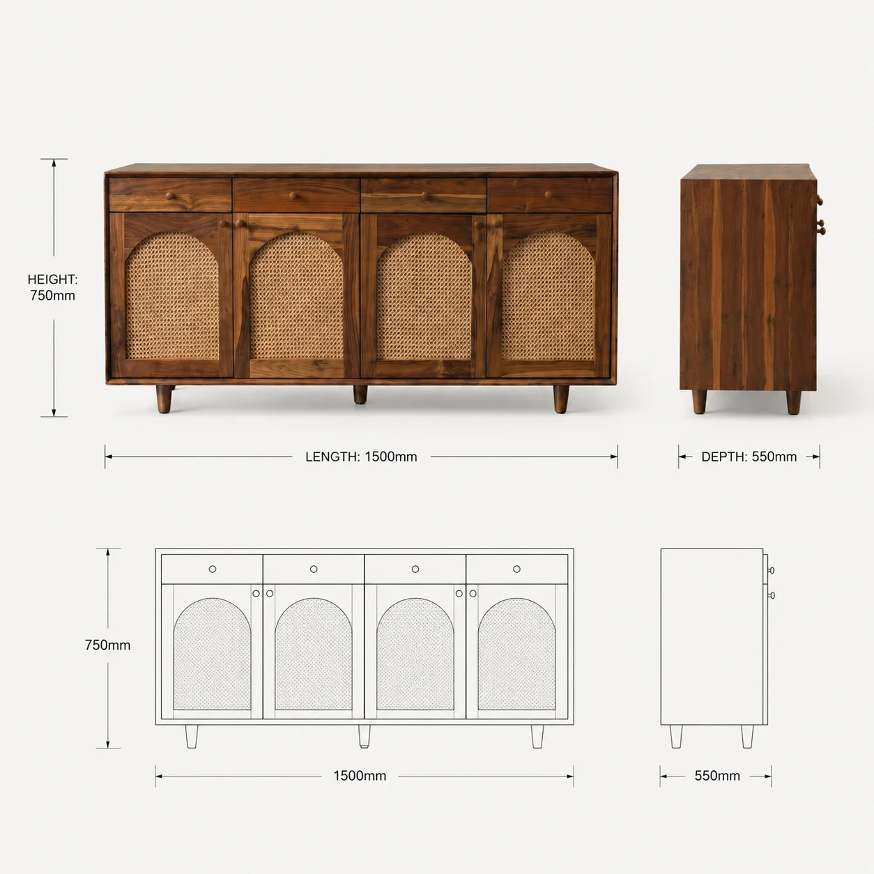 Zaioraa carmel walnut brown cane teak wood sideboard