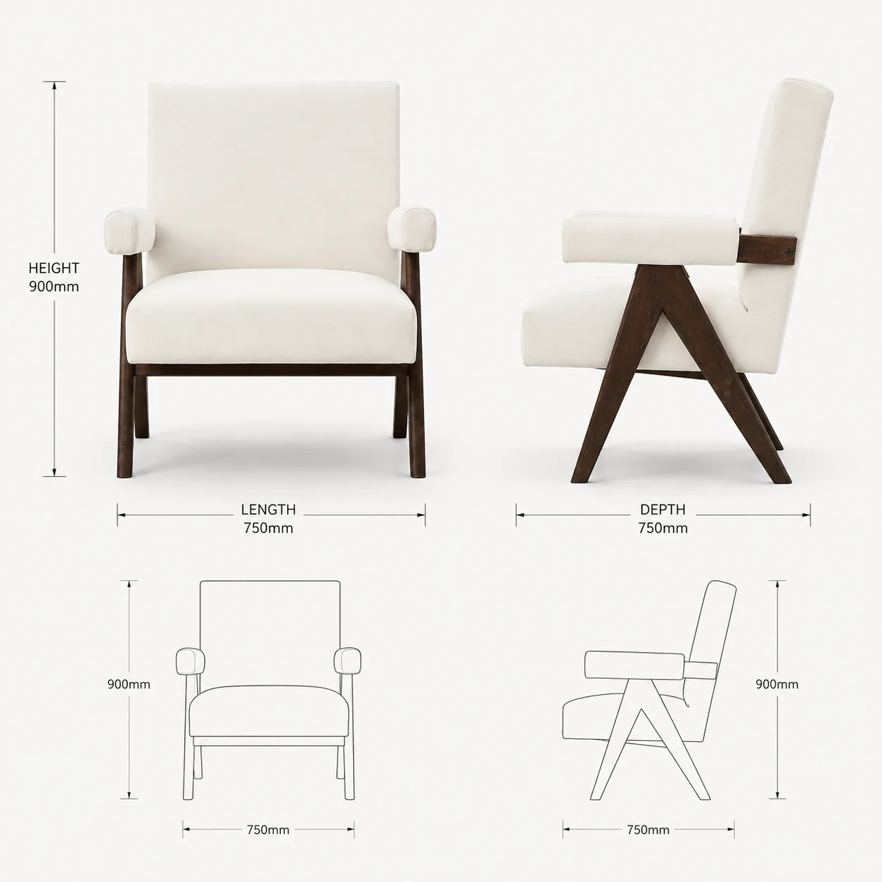 Zaioraa milano ivory white fabric teak wood arm chair