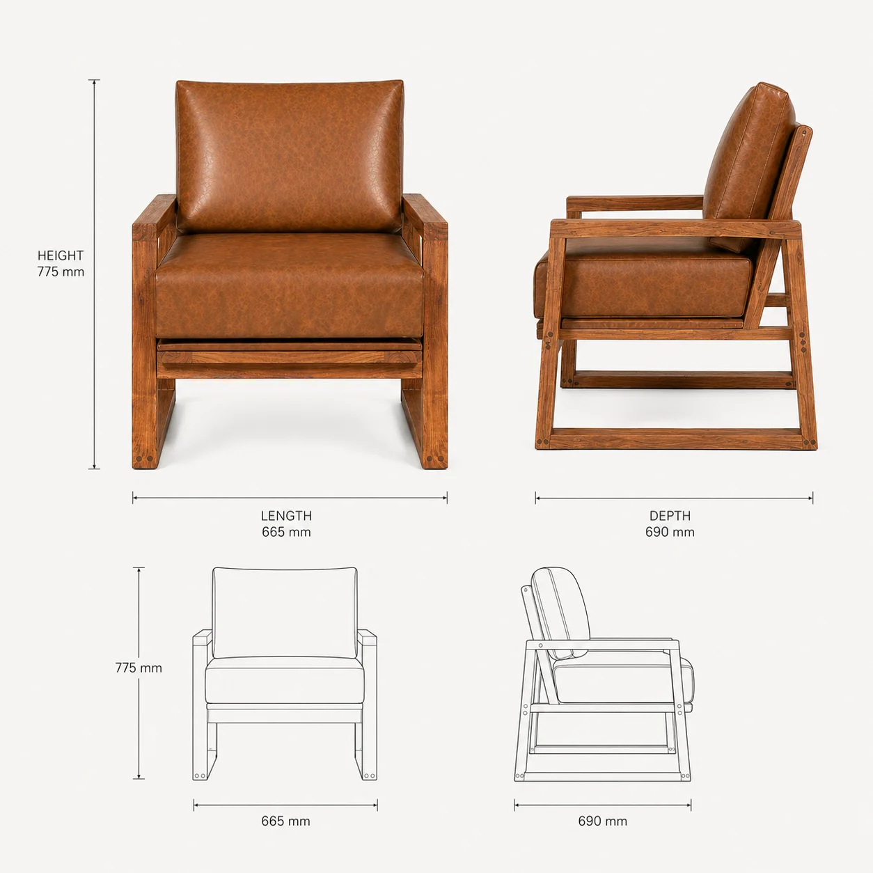 Zaioraa carmel tan brown Suede acacia wood arm chair