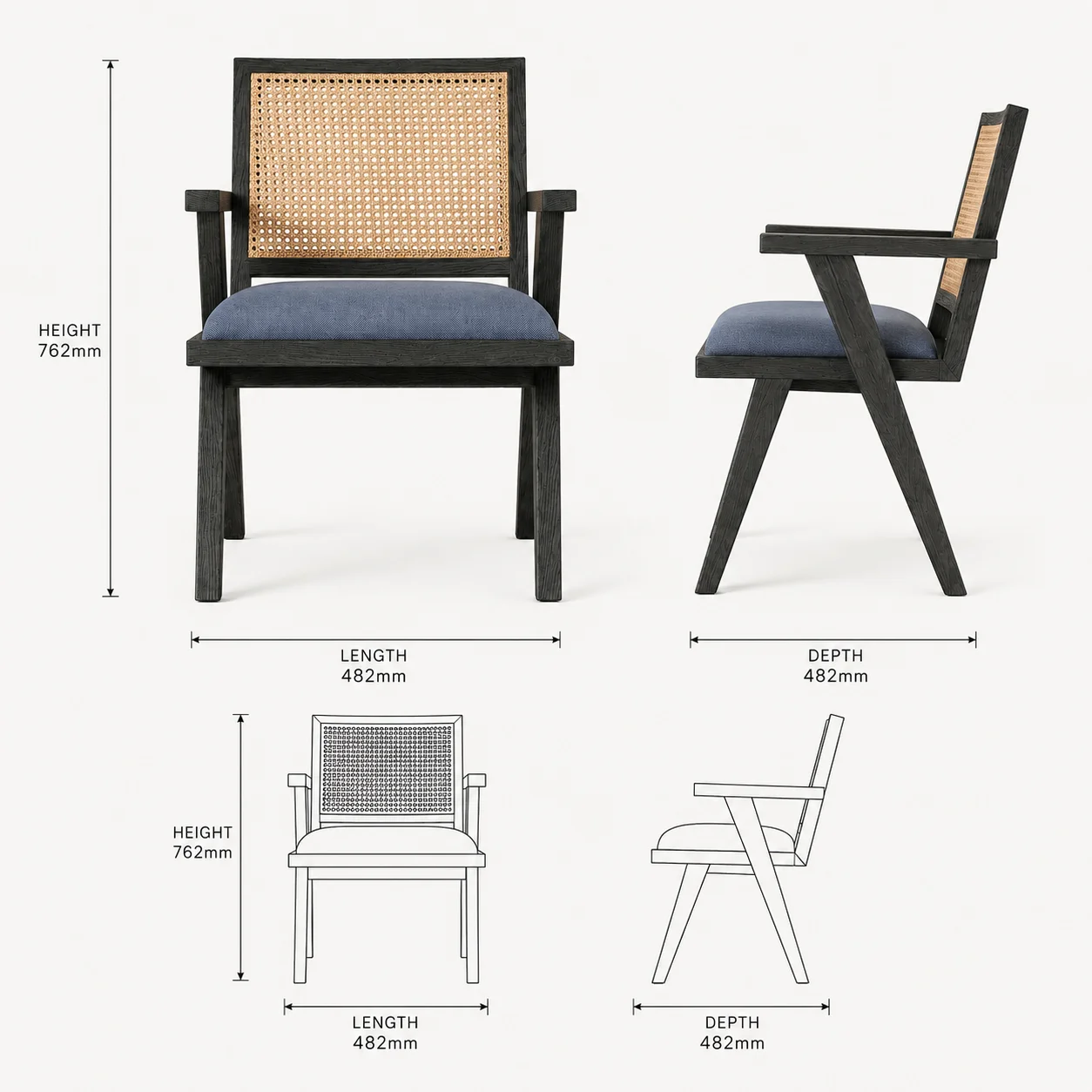Zaioraa orion black cane sheesham wood arm chair