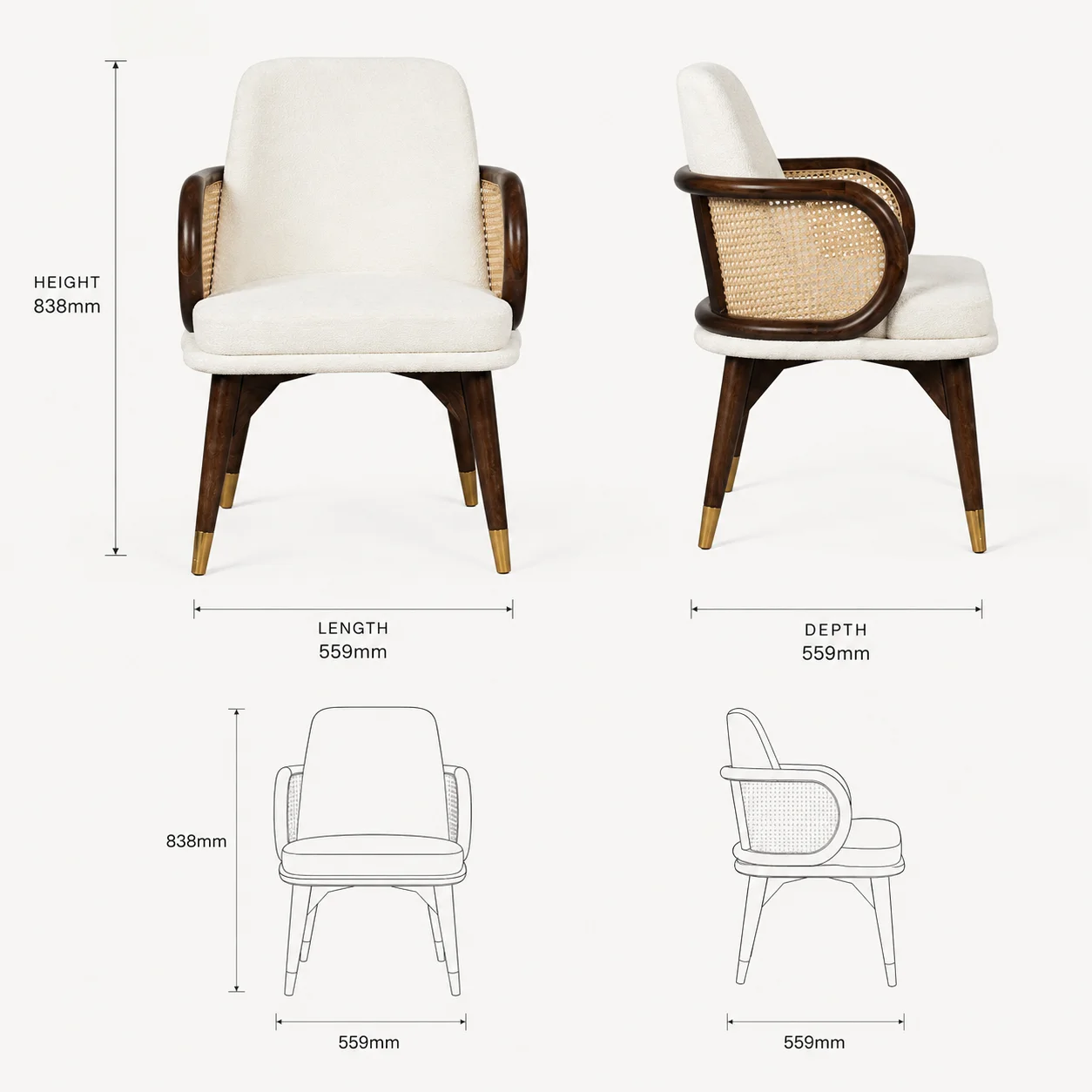 Zaioraa milano white fabric cane sheesham wood arm chair