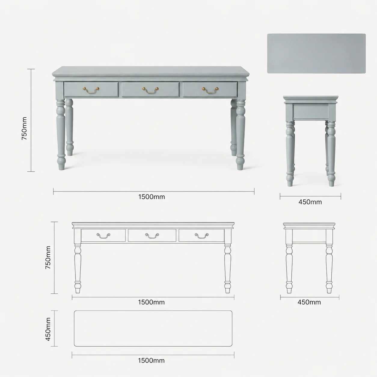 Zaioraa nova rectangular blue grey acacia wood study table