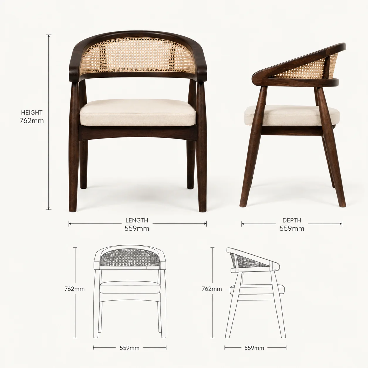 Zaioraa carmel dark walnut brown cane sheesham wood arm chair