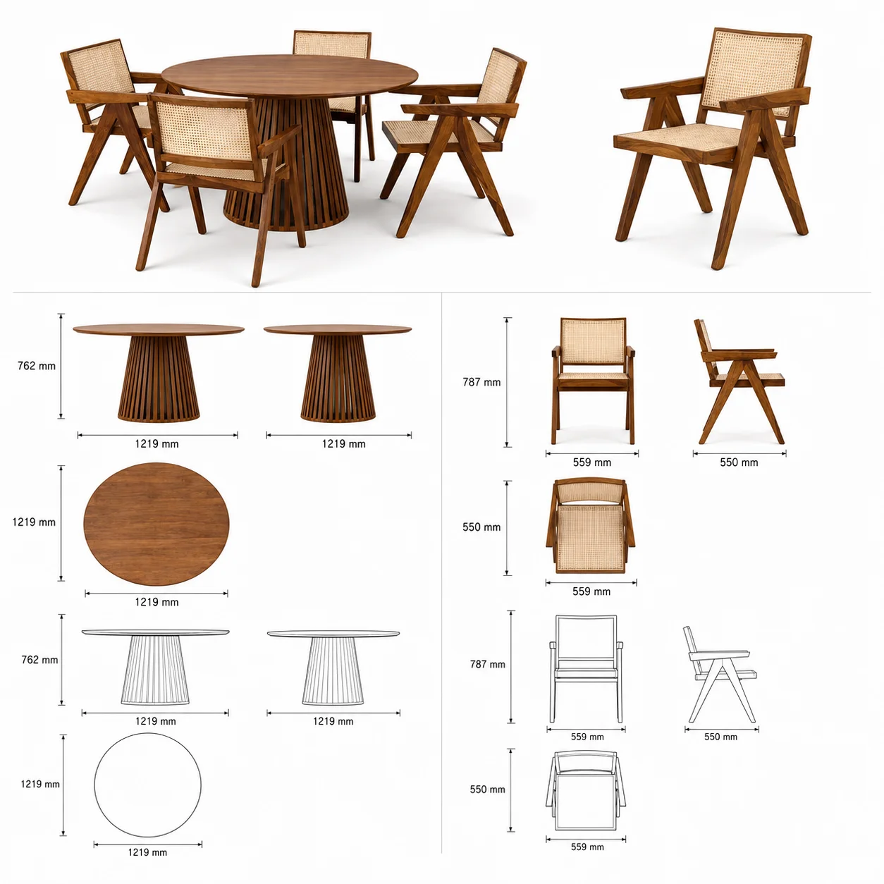 Zaioraa valincia round warm walnut brown four seater dining set