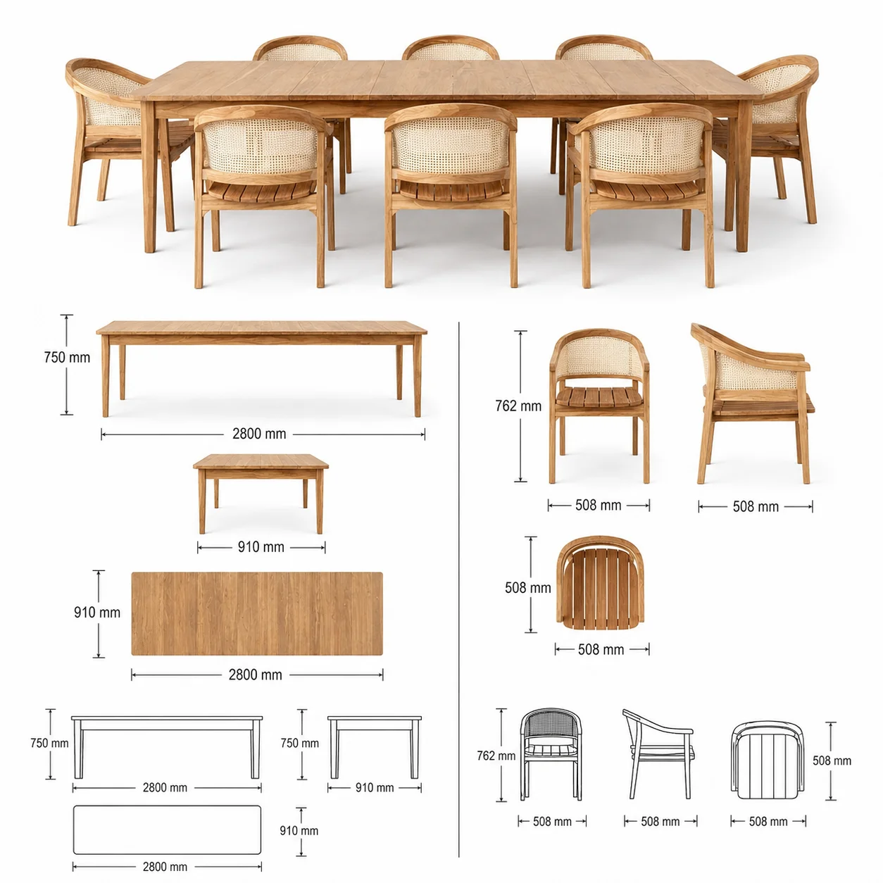 Zaioraa zebrano rectangular natural eight seater dining set