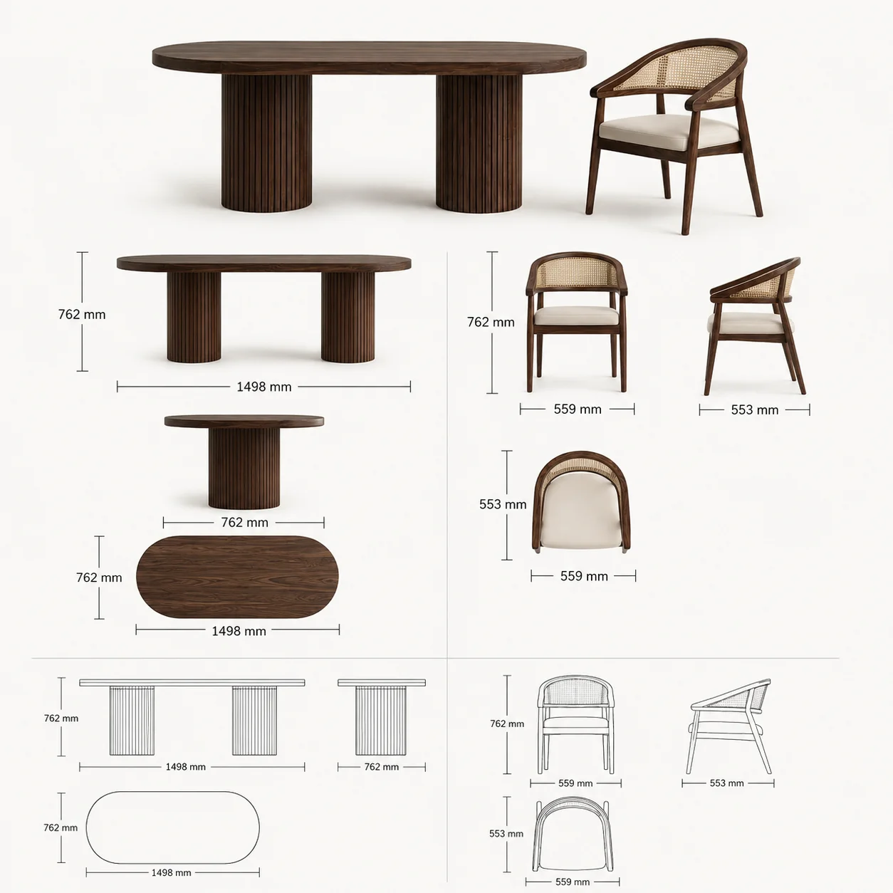 Zaioraa carmel oval dark walnut brown six seater dining set