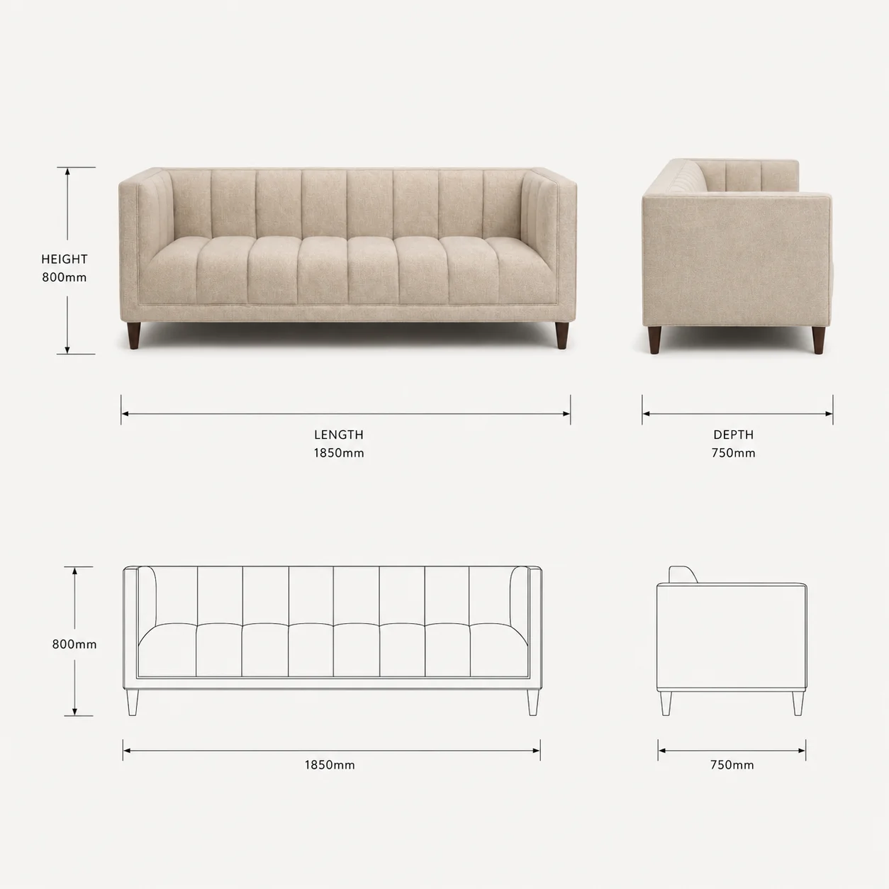 Zaioraa stellar three seater beige fabric sofa