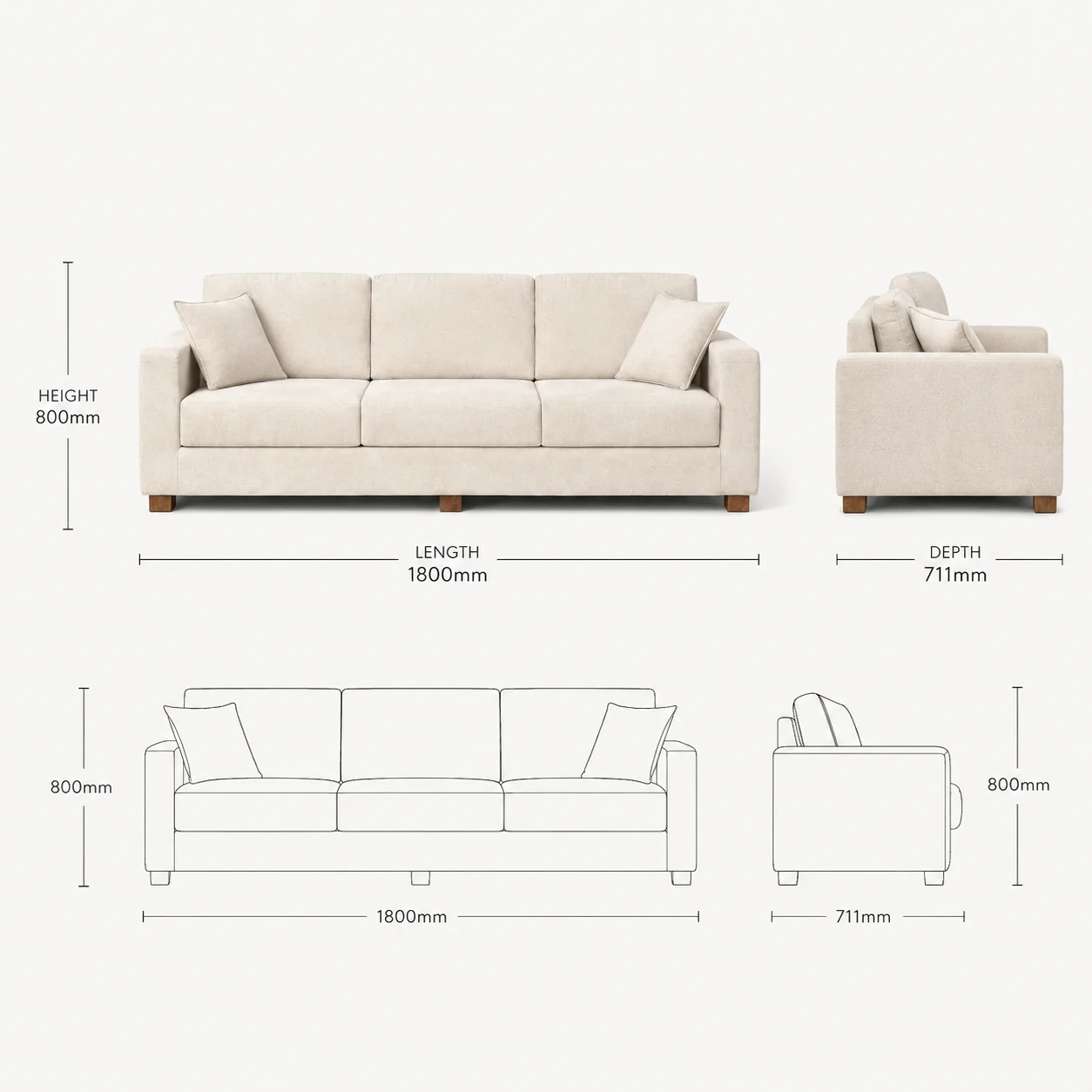 Zaioraa milano three seater beige fabric sofa