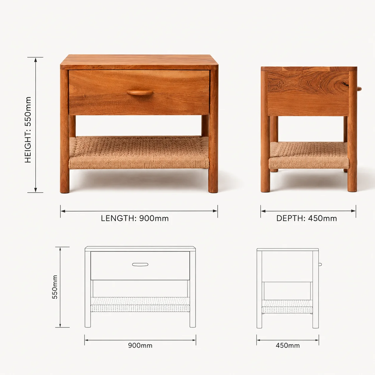 Zaioraa valincia honey brown teak wood nightstand