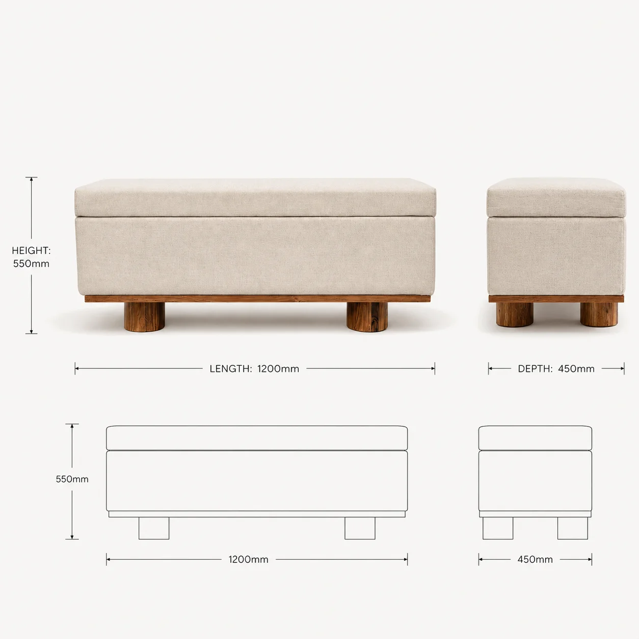 Zaioraa milano beige fabric acacia wood ottoman