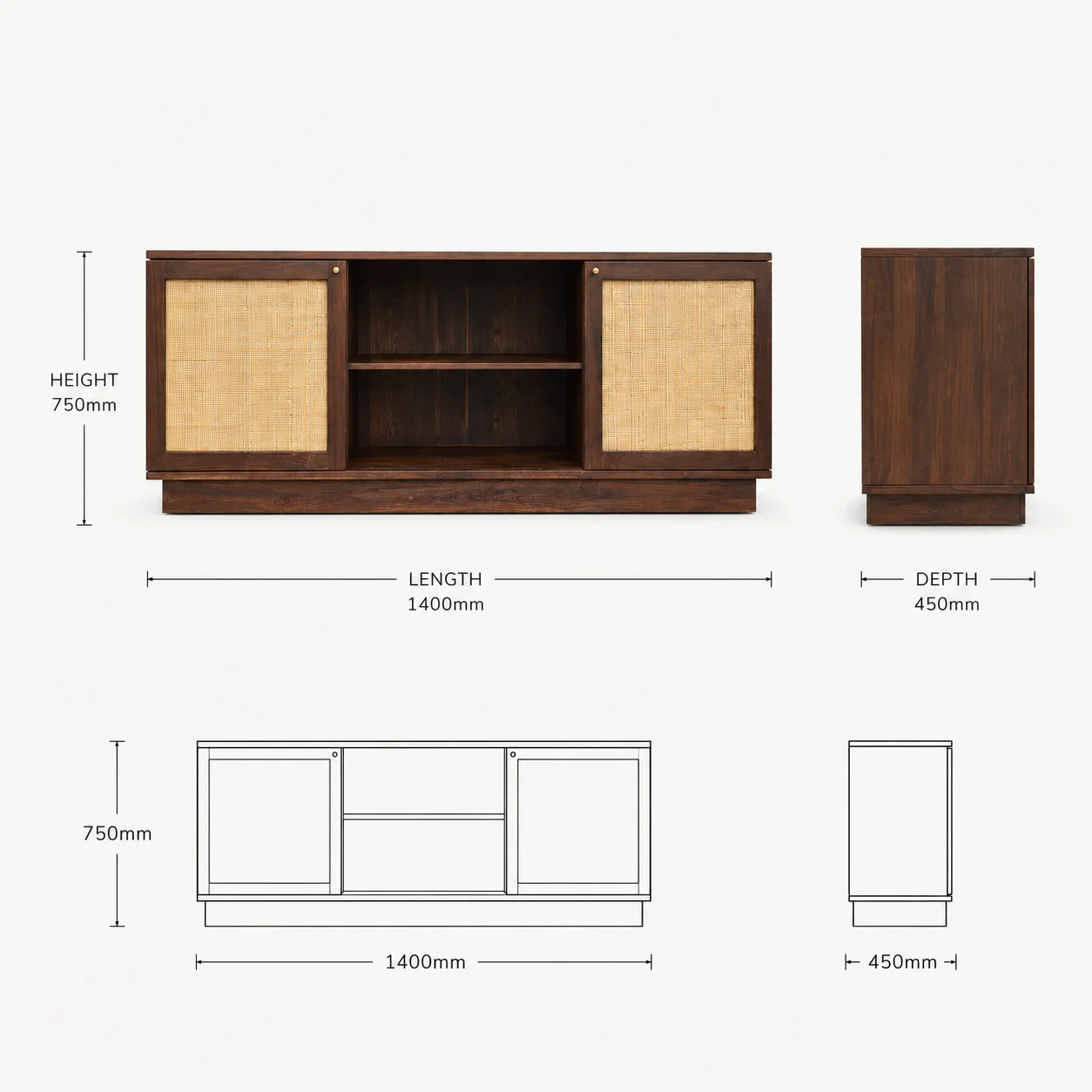Zaioraa valincia walnut brown cane teak wood sideboard