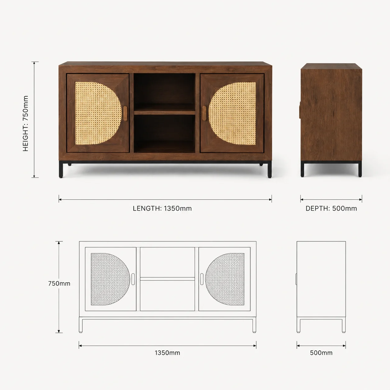 Zaioraa carmel walnut brown teak wood cane sideboard