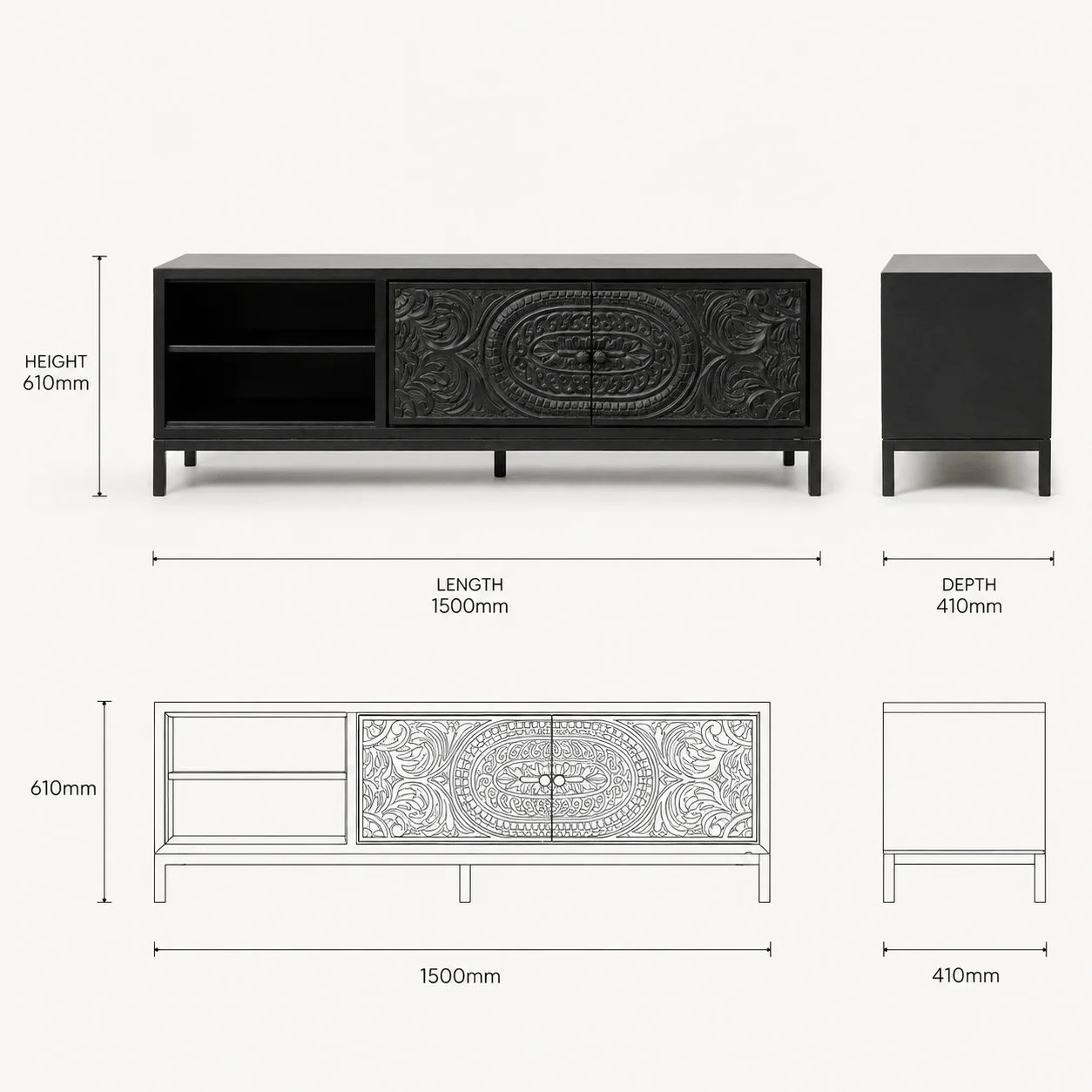 Zaioraa orion black mango wood sideboard