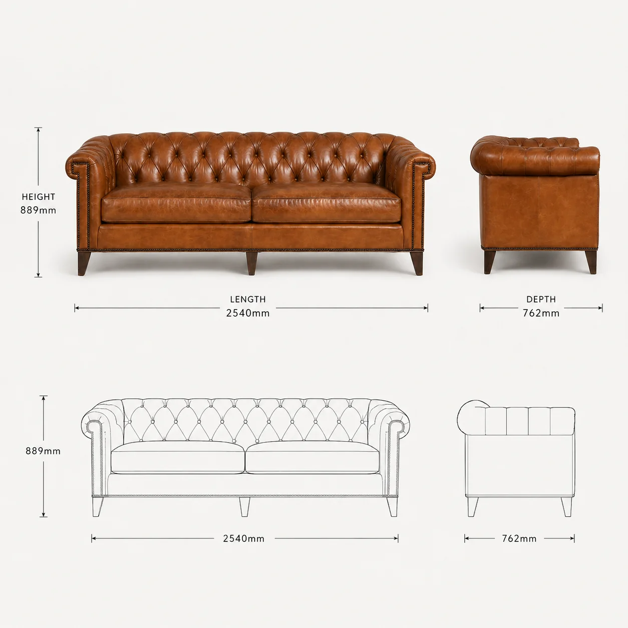 Zaioraa carmel two seater cognac brown chesterfield leather sofa