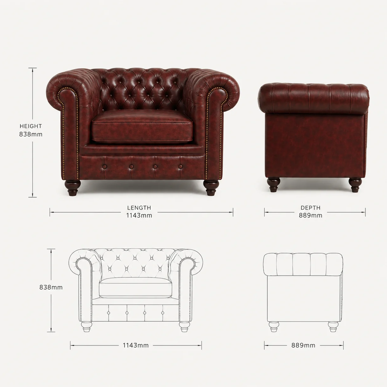 Zaioraa nova single seater maroon chesterfield leather sofa