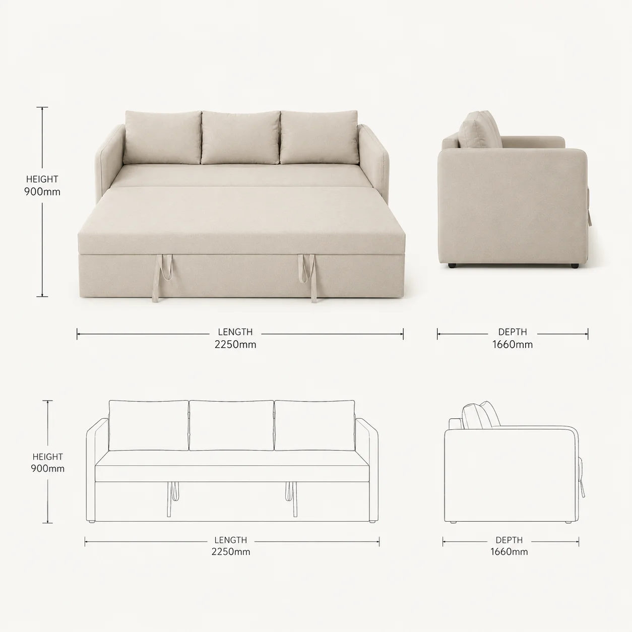Zaioraa nova three seater beige fabric sofa cum bed