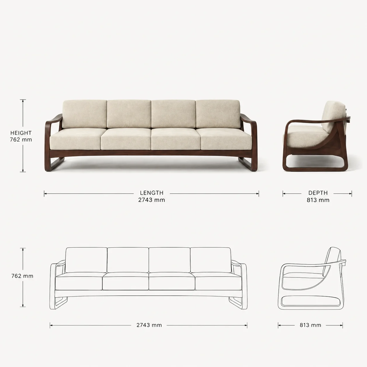 Zaioraa valincia four seater dark walnut brown fabric sheesham wood sofa