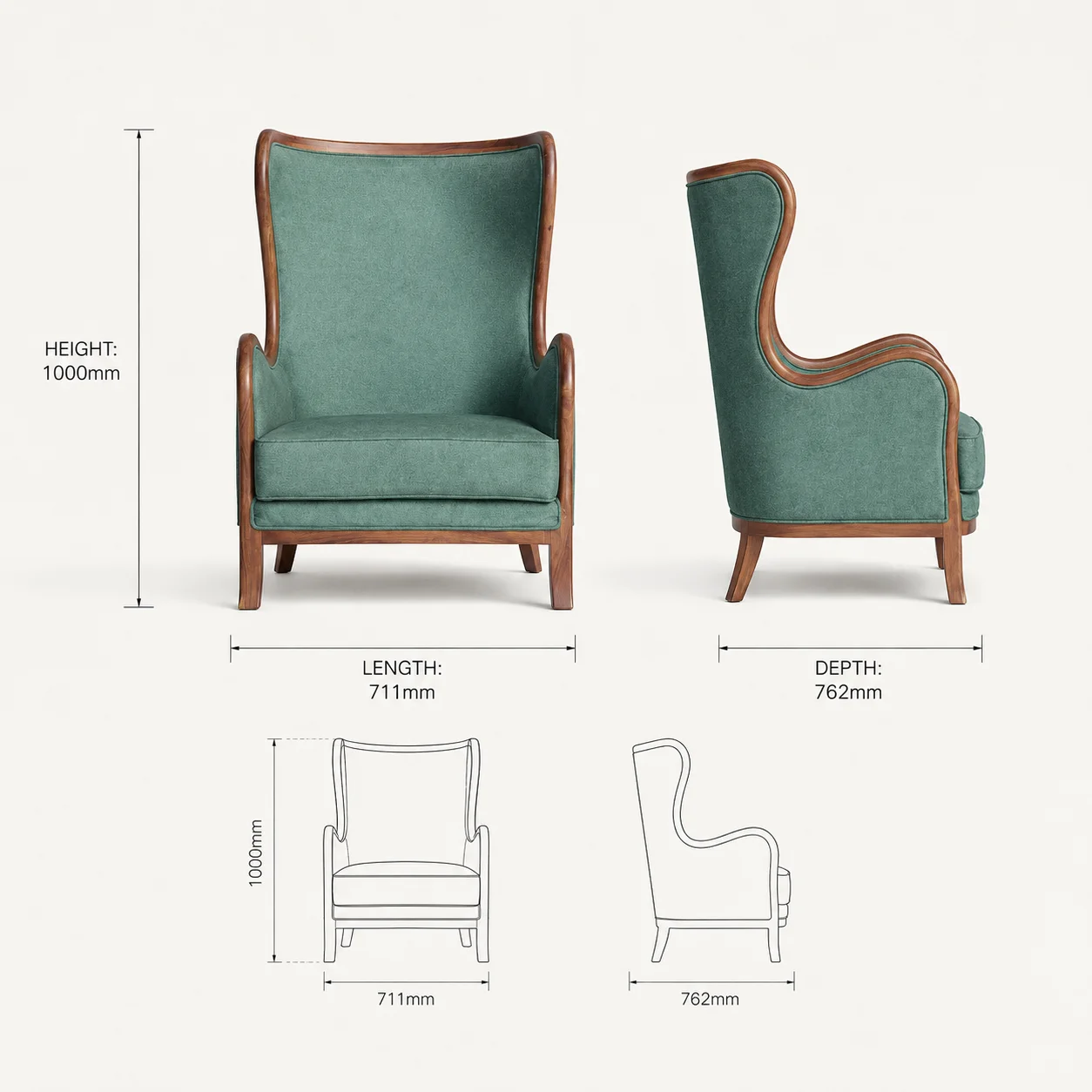 Zaioraa nova green fabric acacia wood wing chair