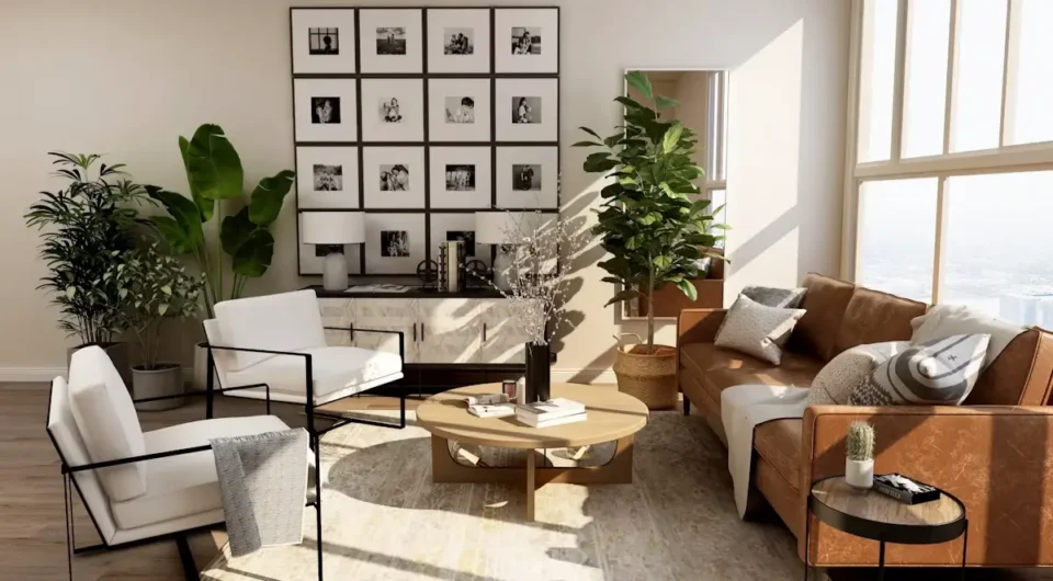Architectural luxury villa living room featuring low-profile modular seating, marble accent tables, and floor-to-ceiling glass