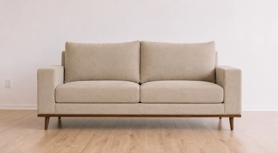 Luxury living room furniture featuring a deep-seated velvet sofa, solid walnut coffee table, and warm interior lighting