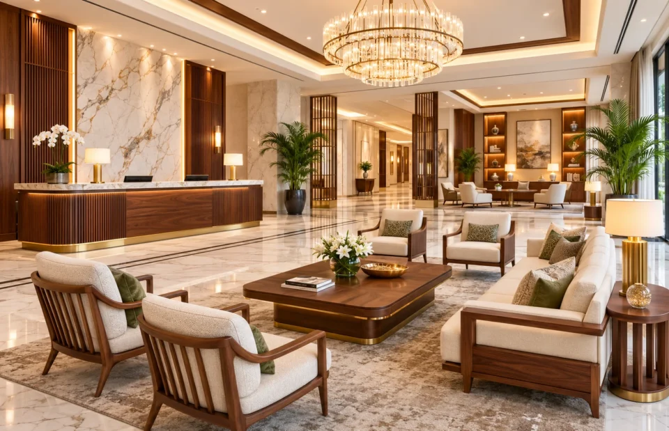 Luxury hotel lobby featuring premium handcrafted wooden hotel furniture for five-star hospitality by Zaioraa.