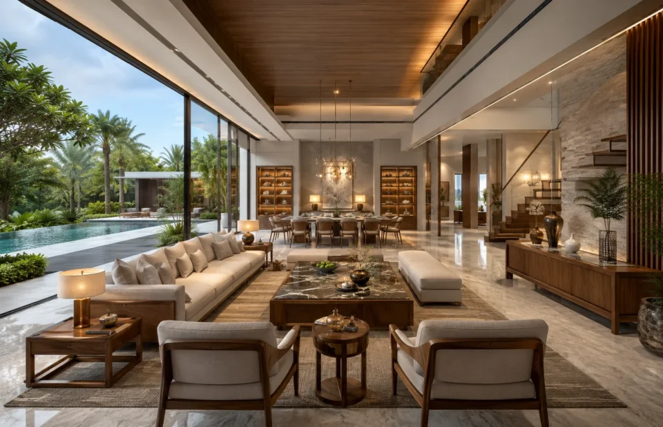 Luxury bespoke villa furniture collection featuring handcrafted premium wooden furniture for private estates by Zaioraa.